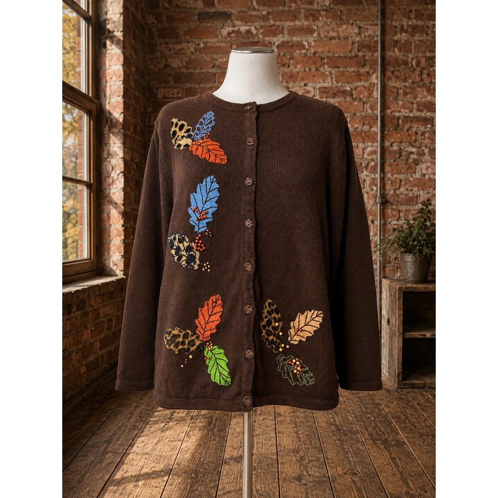 Vintage Cardigan Sweater Large‎ Embroidered Fall Leaves Cottagecore Autumn Boho